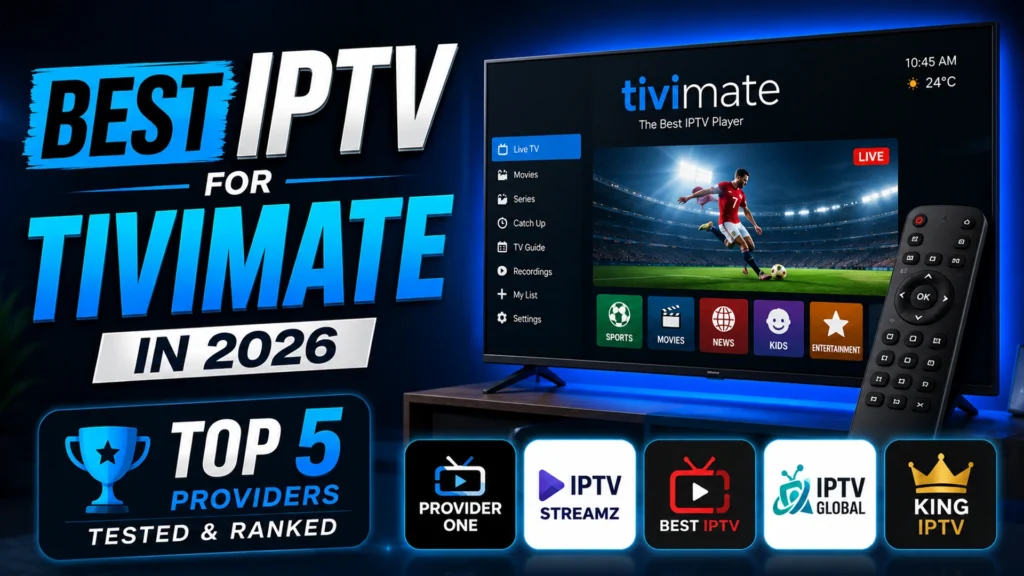 Best IPTV for TiviMate in 2026 showing TiviMate player interface with Live TV, Movies, Series, Catch Up and TV Guide on a smart TV screen with remote control