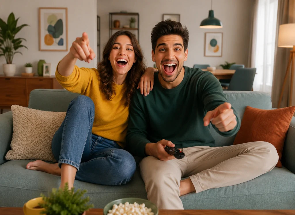 A happy couple enjoying Nixon IPTV live channels on their TV — the best IPTV streaming service for entertainment