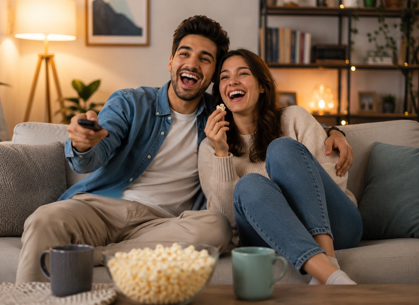 A happy couple laughing and watching Nixon IPTV movies at home with popcorn premium IPTV entertainment service