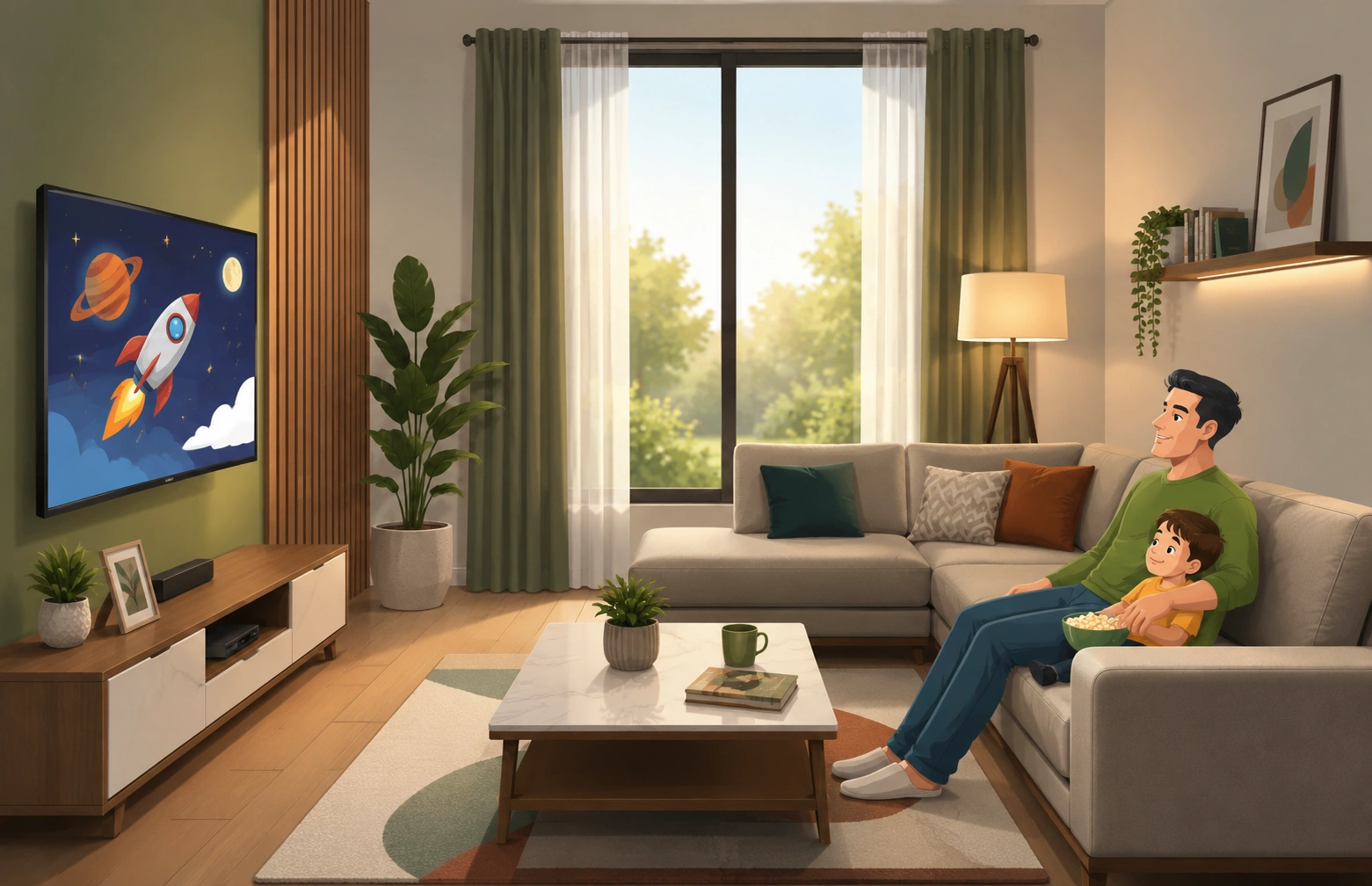 A father and child enjoying Nixon IPTV on a 4K smart TV at home - seamless family streaming experience