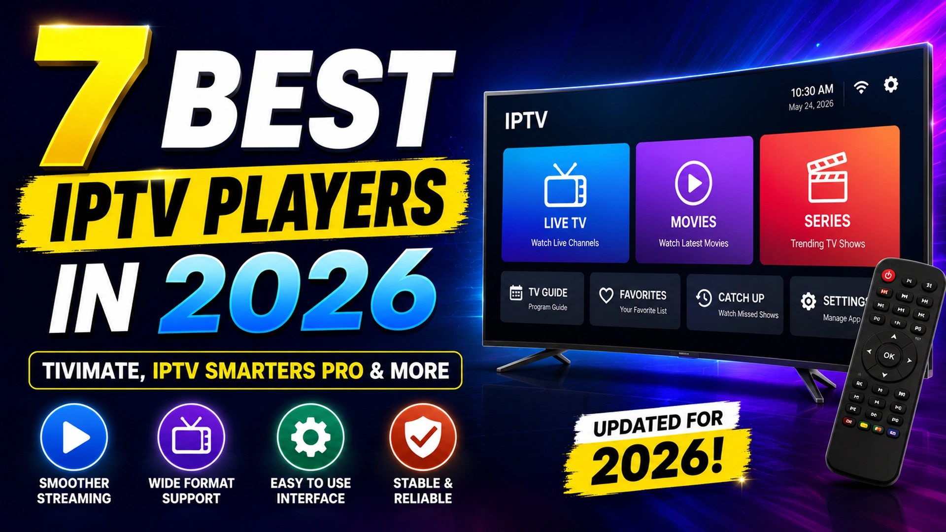 7 best IPTV players in 2026 including TiviMate and IPTV Smarters Pro shown on a smart TV interface with live TV, movies, and series menu