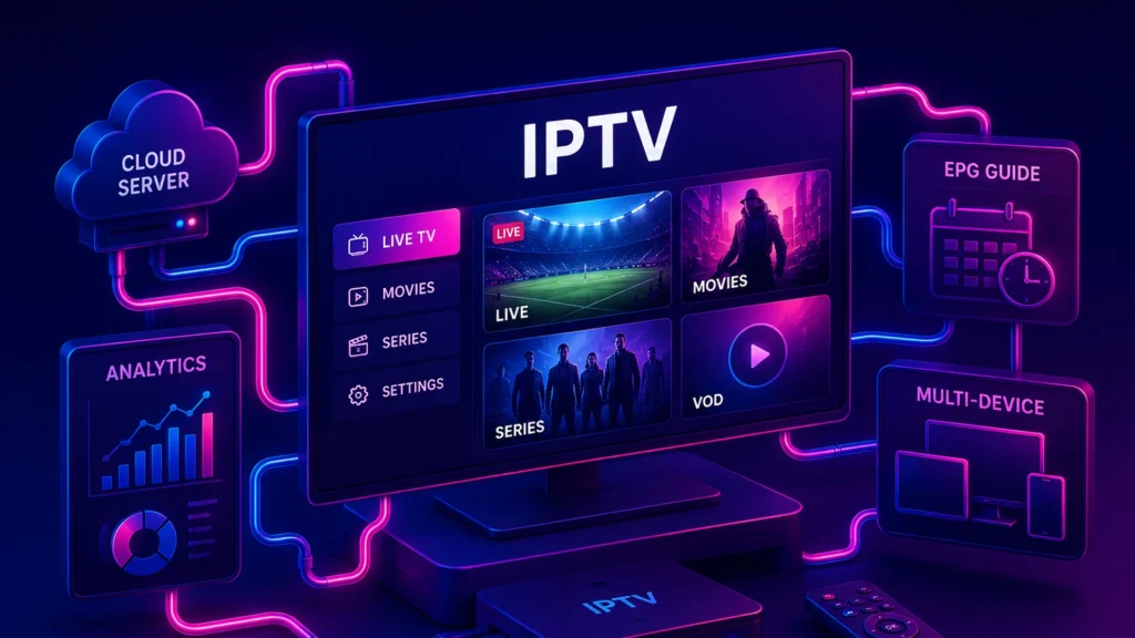 IPTV business infrastructure showing cloud server, EPG guide, analytics dashboard, multi-device support, live TV, movies, series, and VOD streaming