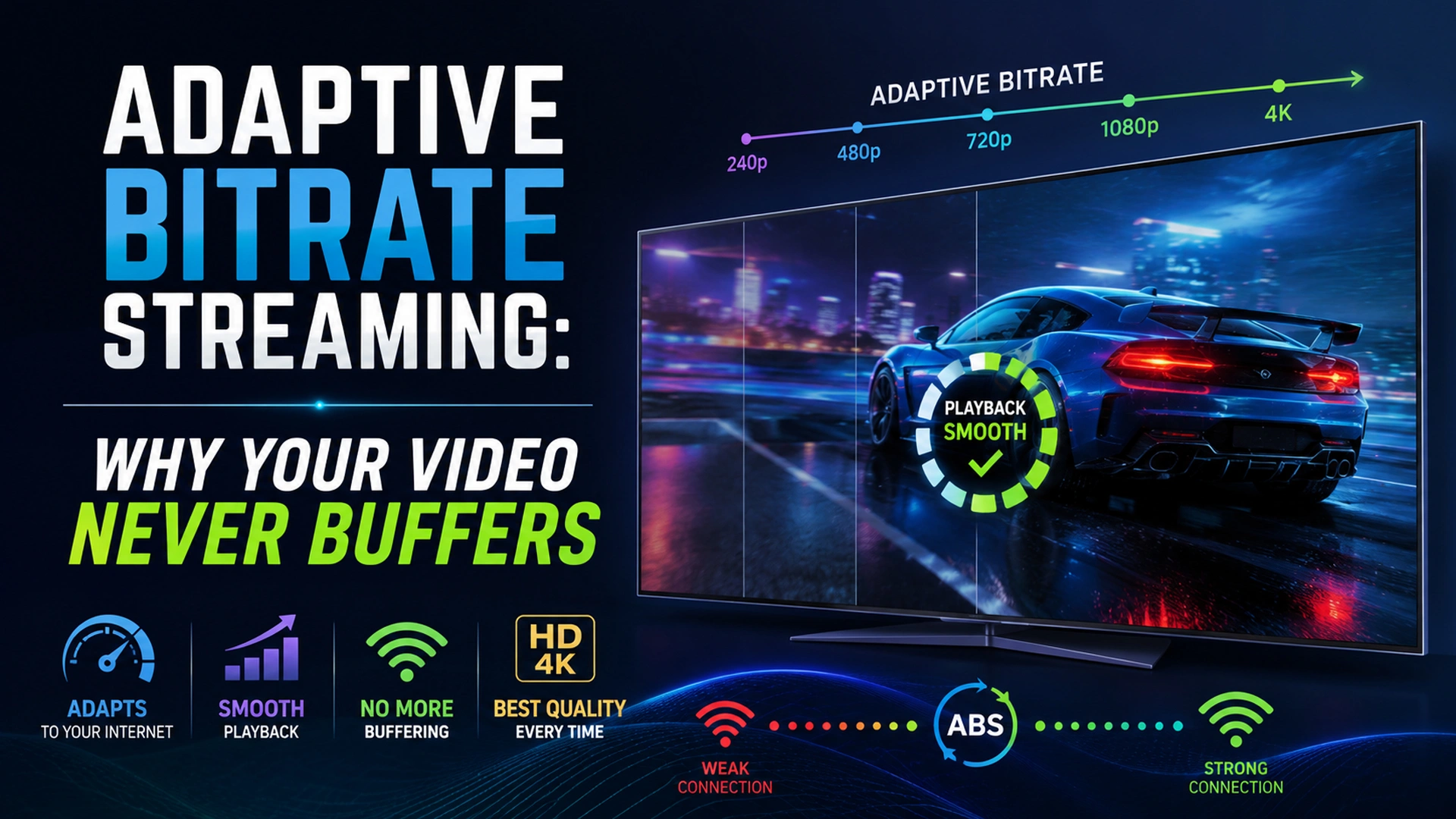 Adaptive Bitrate Streaming explained with bitrate ladder from 240p to 4K showing automatic video quality adjustment for smooth IPTV and online video streaming.