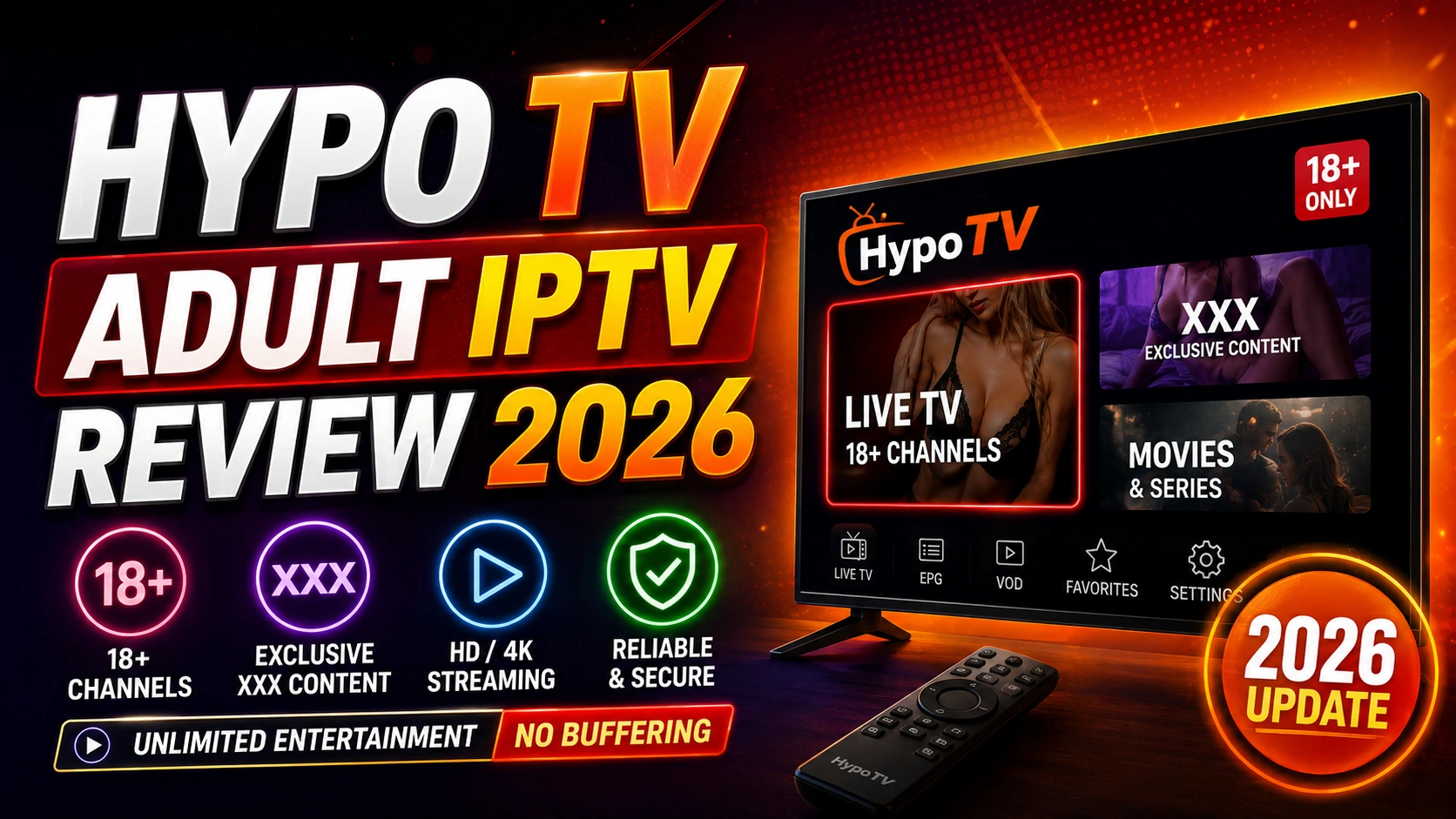 Hypo TV Adult IPTV Review 2026 - 18+ channels, XXX content, HD/4K streaming interface