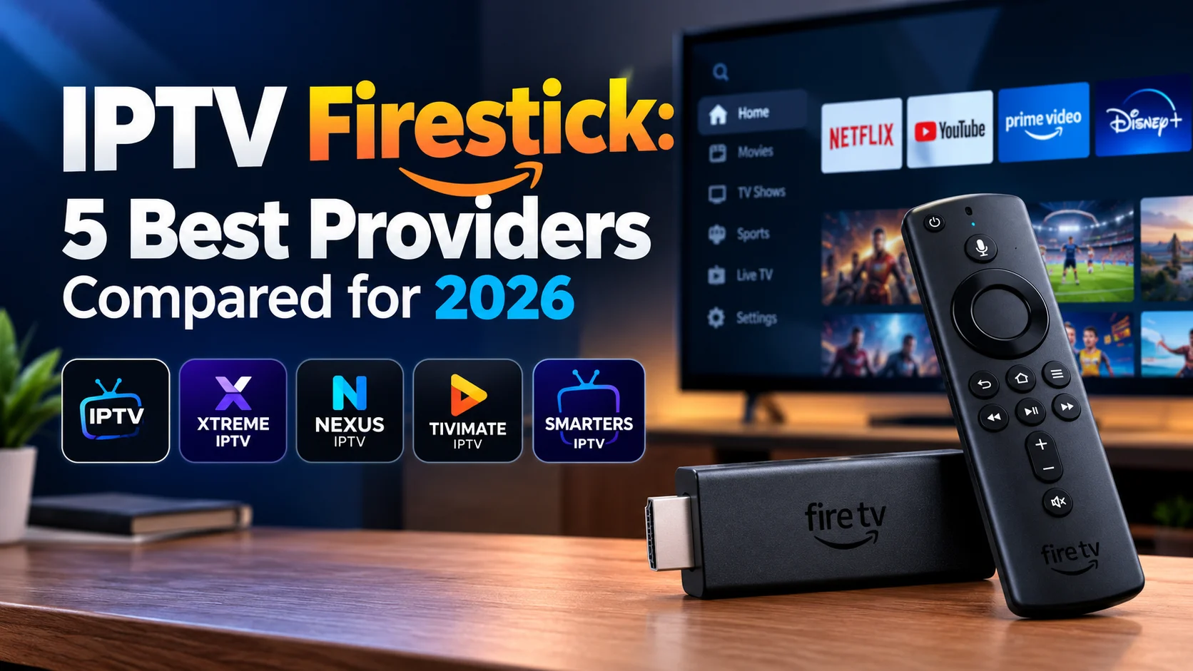 IPTV Firestick setup with Amazon Fire TV Stick and remote in front of a TV showing streaming apps and live TV menu