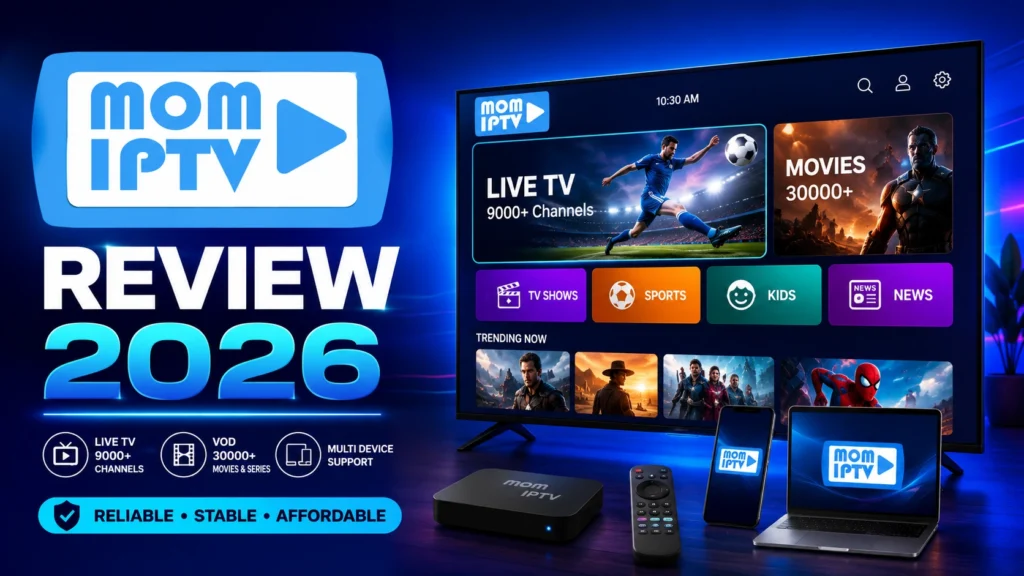 Mom IPTV review 2026 — live TV streaming with 9000+ channels and 30000+ movies and series on smart TV, phone, and laptop