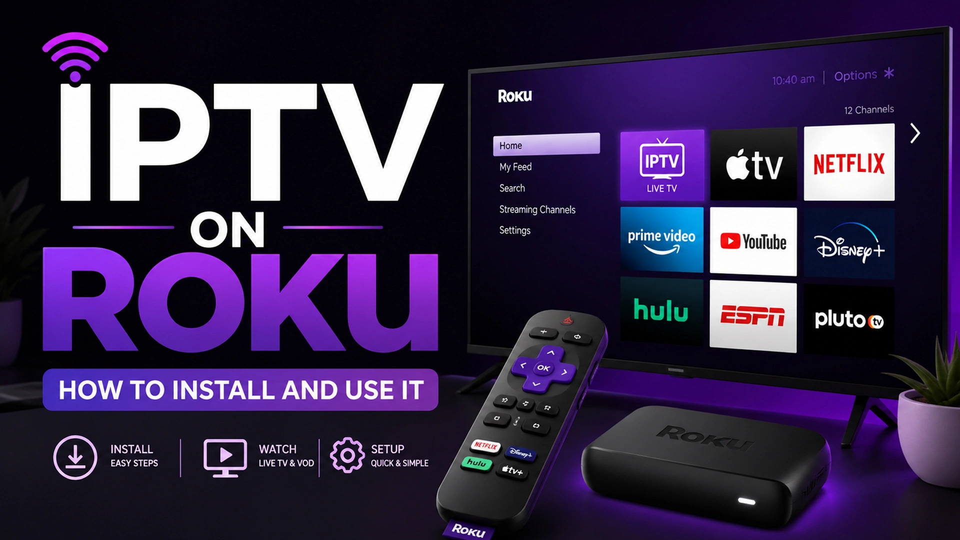 IPTV on Roku home screen showing Live TV channel and streaming apps