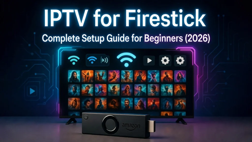 IPTV for Firestick complete setup guide 2026 showing Amazon Fire TV Stick with live channel grid on TV screen