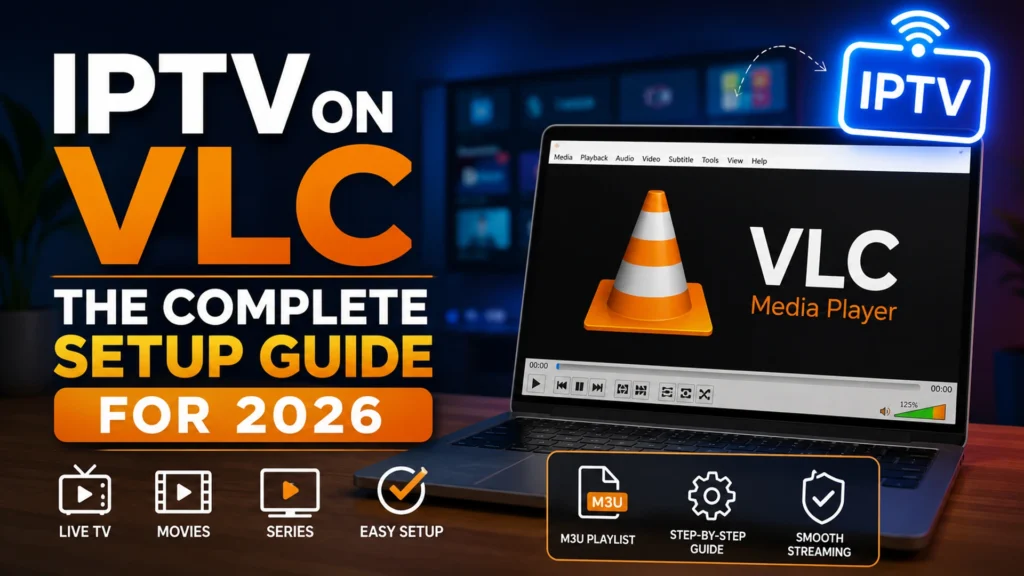 IPTV on VLC complete setup guide for 2026 showing VLC Media Player interface with M3U playlist and streaming icons