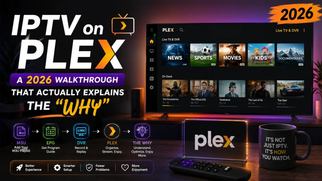 IPTV on Plex 2026 setup walkthrough graphic showing the M3U, EPG, DVR, and Plex Live TV workflow with a Plex interface mockup