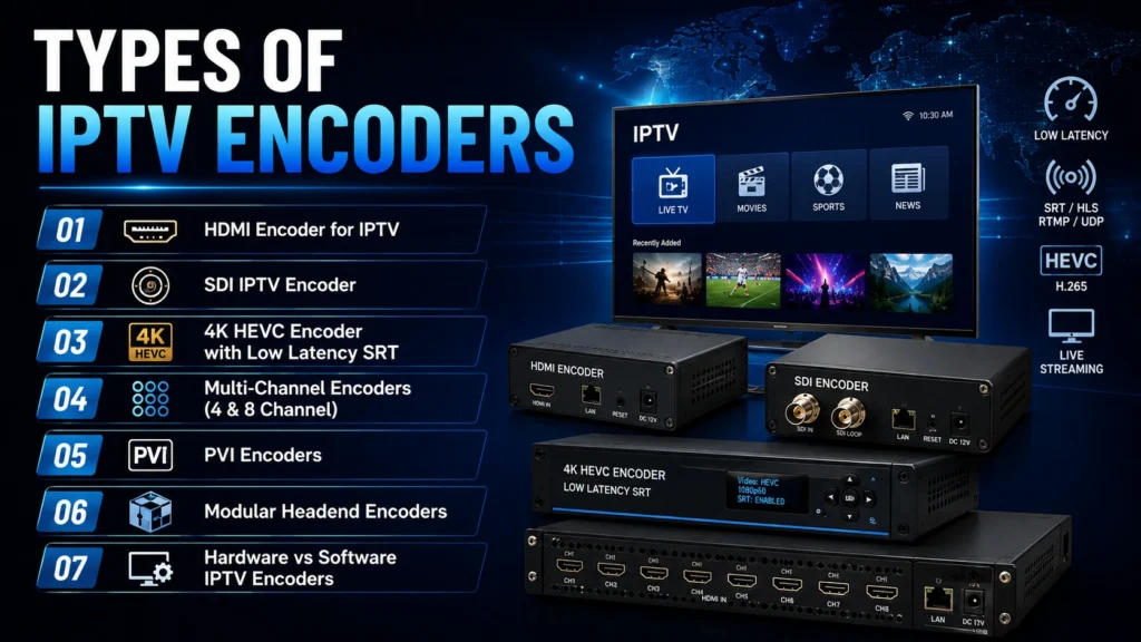 Infographic showing 7 types of IPTV encoders including HDMI encoder, SDI encoder, 4K HEVC encoder with low latency SRT, multi-channel encoders, PVI encoders, modular headend encoders, and hardware vs software encoders