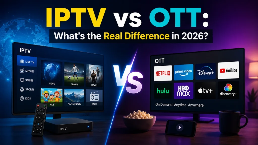 IPTV vs OTT comparison showing a live TV channel guide with news, sports, and movies on the left and popular OTT streaming apps like Netflix, Prime Video, Disney+, and Hulu on the right