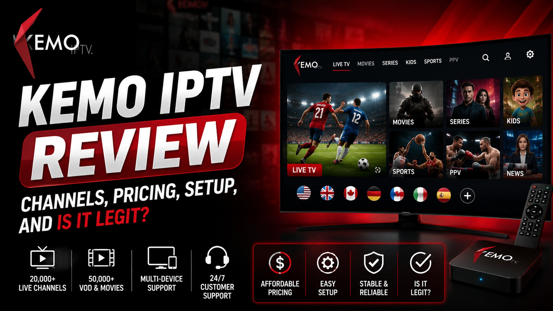 Kemo IPTV review covering channels, pricing, setup, and whether kemoiptv.io is legit