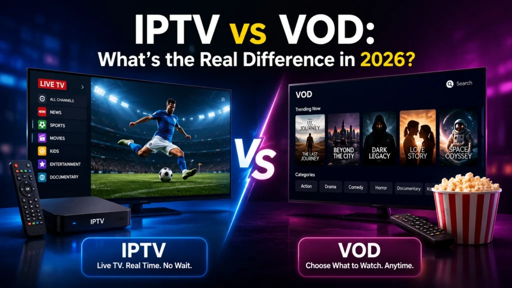 IPTV vs VOD comparison showing live TV channel guide with sports streaming on the left and a VOD on-demand movie library with trending titles on the right