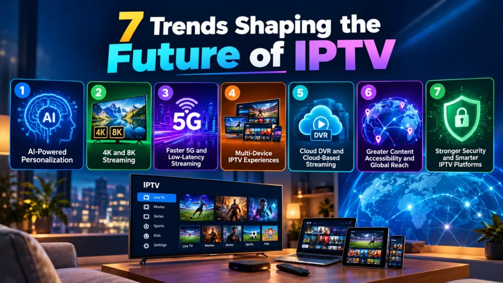 nfographic of 7 trends shaping the future of IPTV, from AI personalization to 5G and cloud DVR