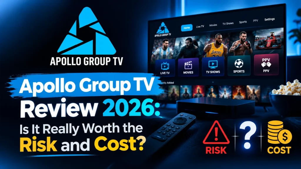 Apollo Group TV Review 2026 featuring the Apollo Group TV logo, streaming interface, and risk and cost comparison.