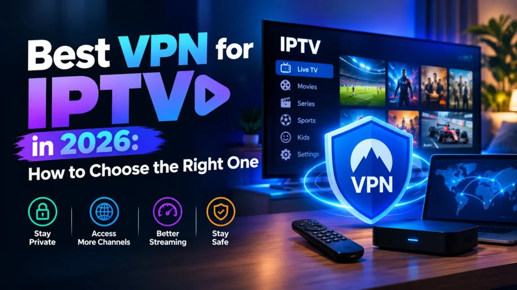 Best VPN for IPTV in 2026 graphic showing a VPN shield connected to a smart TV displaying IPTV live channels, movies, and sports
