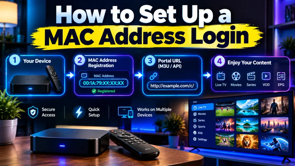 How to set up a MAC address login for IPTV: register your device MAC address, add the portal URL, then stream live TV, movies and series