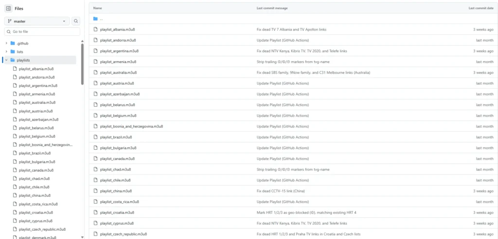 GitHub IPTV playlist repository showing country-specific M3U8 playlist files