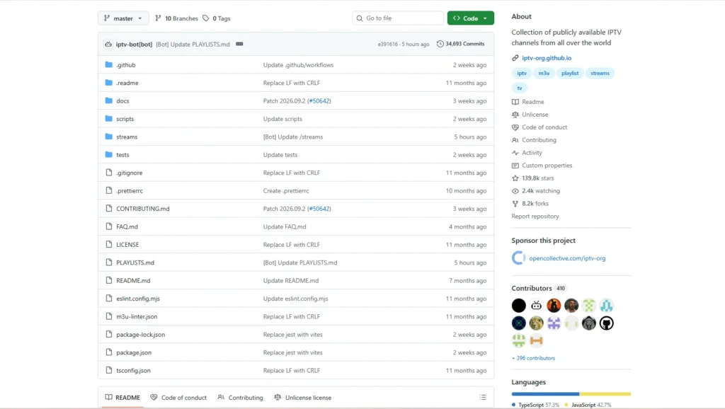 GitHub IPTV project repository showing public IPTV channels and M3U playlists