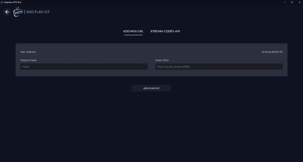 Screenshot of IPTV Smarters Pro app showing the "Add Playlist" screen with fields for Playlist Name and M3U URL.