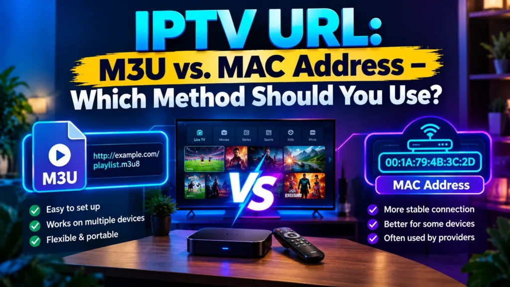 IPTV URL, M3U vs MAC Address comparison showing a playlist link and a MAC login on a smart TV