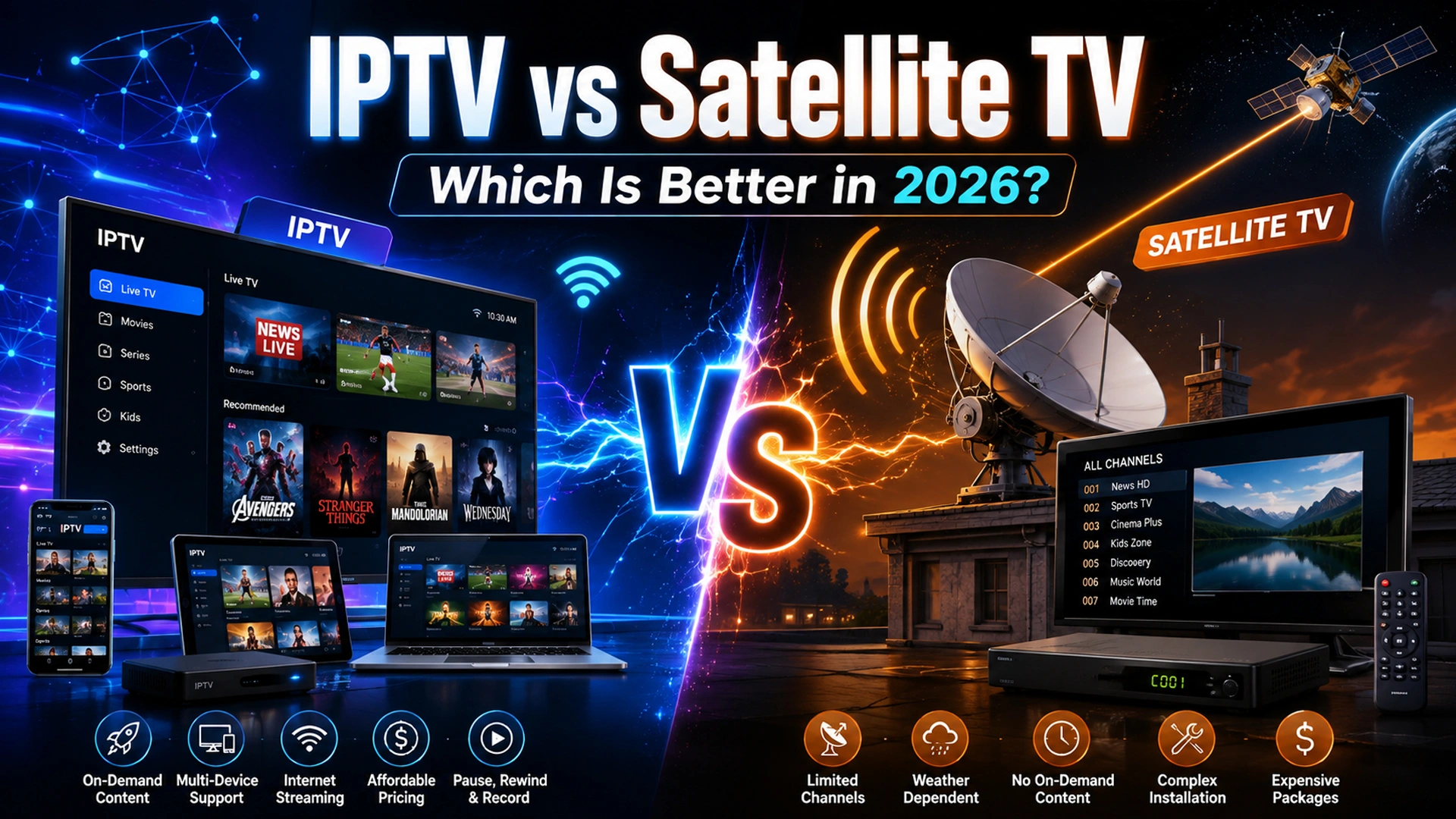 IPTV vs Satellite TV comparison graphic showing multi-device IPTV streaming on the left and a satellite dish with receiver box on the right