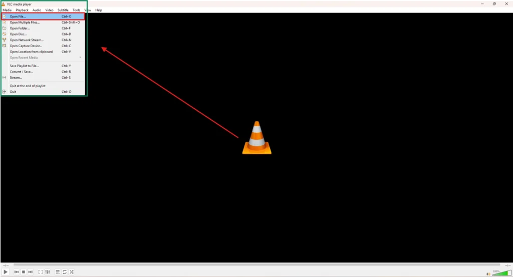 Screenshot of VLC Media Player showing the Media menu with the Open File option highlighted to add an M3U file.