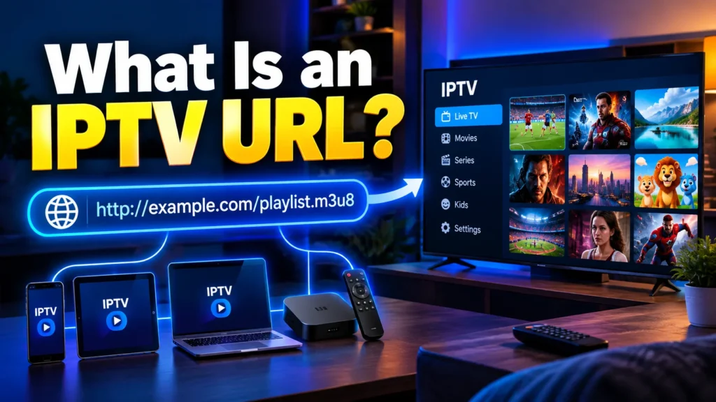 What is an IPTV URL: an M3U8 playlist link loading channels on a smart TV, phone, tablet, laptop and set-top box
