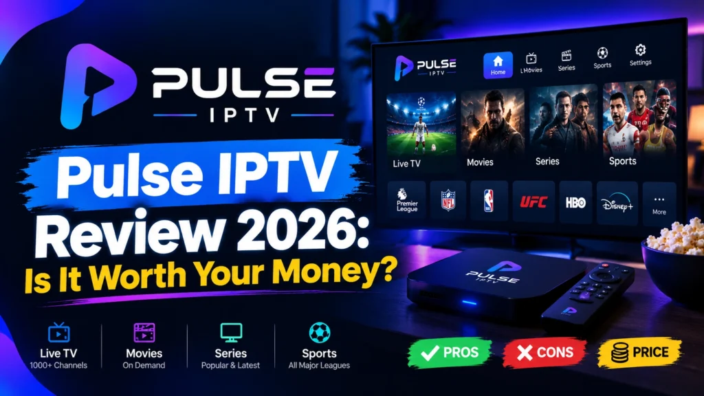 Pulse IPTV Review 2026 feature image showing the Pulse IPTV logo, streaming interface, live TV, movies, series, sports, and a “Is It Worth Your Money?” headline.