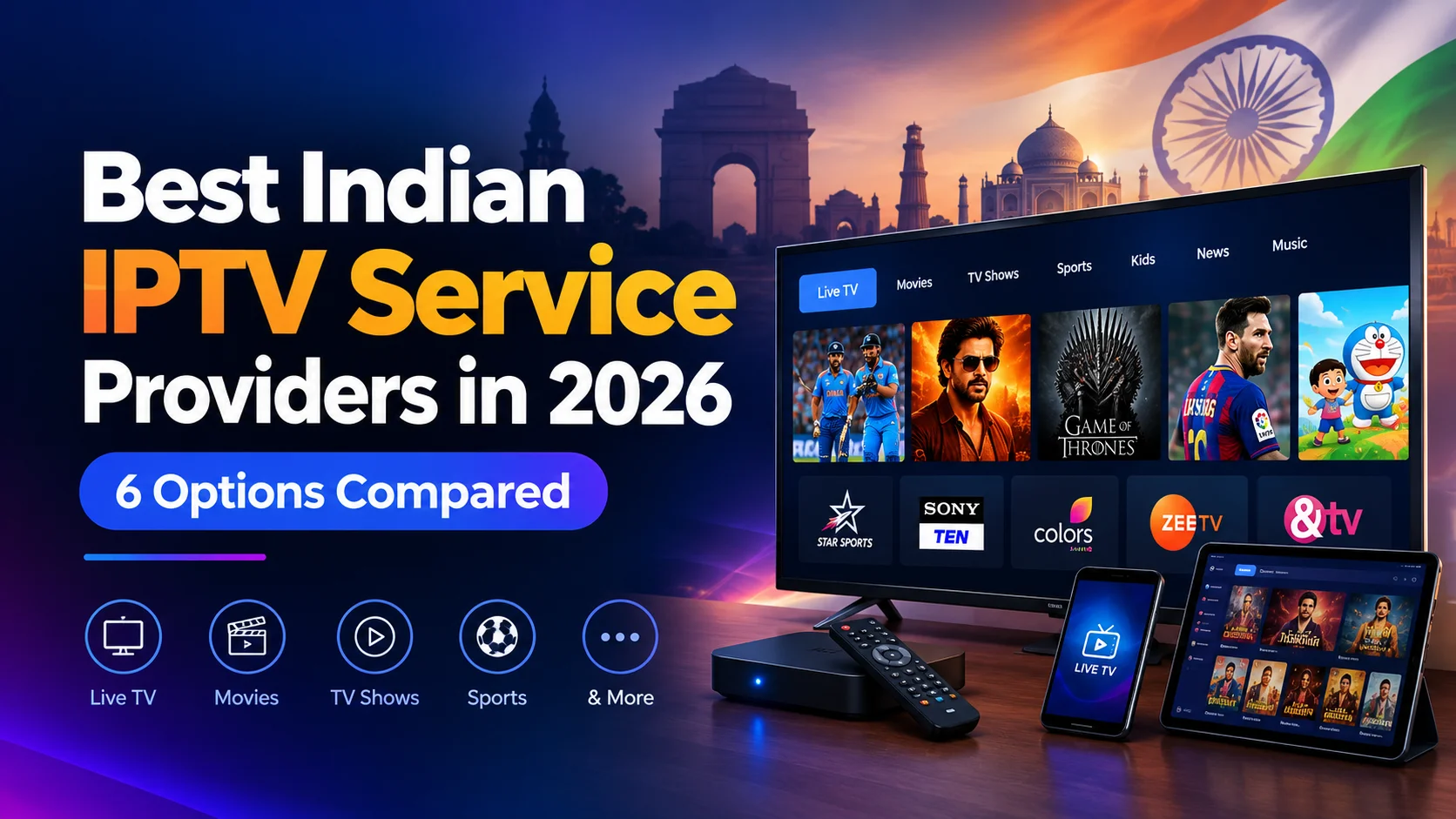 Best Indian IPTV service providers in 2026 shown on a smart TV, phone, tablet and IPTV box with live TV, movies and sports