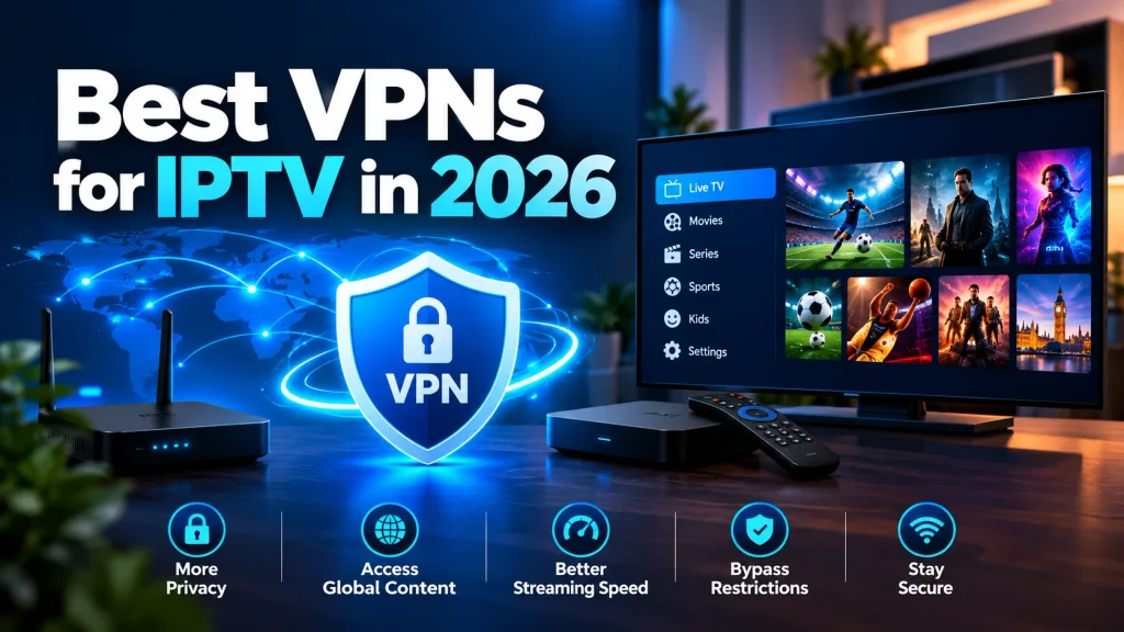 Best VPN for IPTV in 2026: VPN shield linking a router and streaming box to a smart TV showing live TV, movies and sports