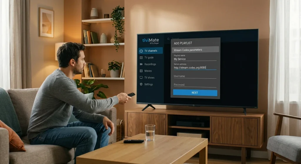 TiviMate Add Playlist screen on a TV showing Xtream Codes fields for playlist name, server address, username and password