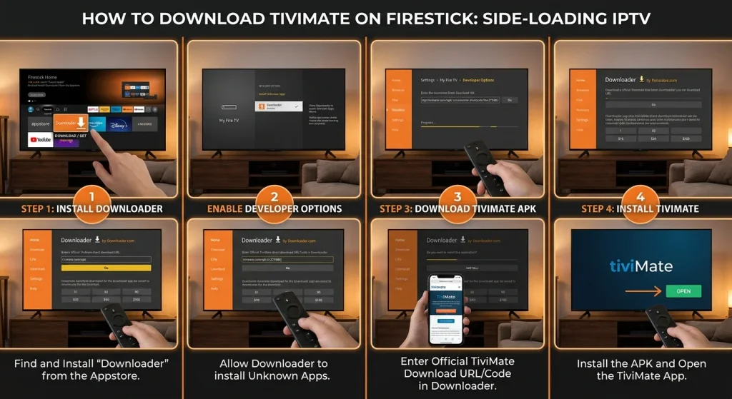 How to download TiviMate on Firestick in 4 steps: install Downloader, allow unknown apps, enter the official URL, install TiviMate