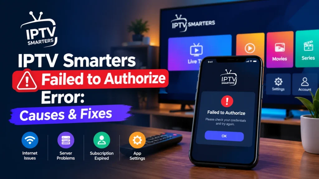 IPTV Smarters failed to authorize error message on a smartphone with the IPTV Smarters app on a TV in the background