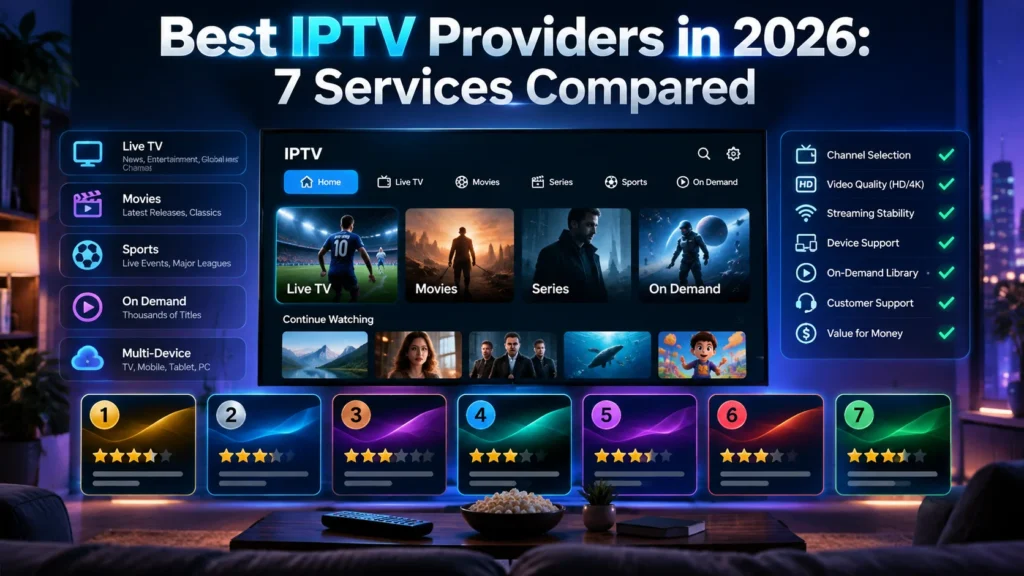 Best IPTV providers in 2026 comparison showing an IPTV app with live TV, movies, series and sports on a smart TV, with seven ranked services