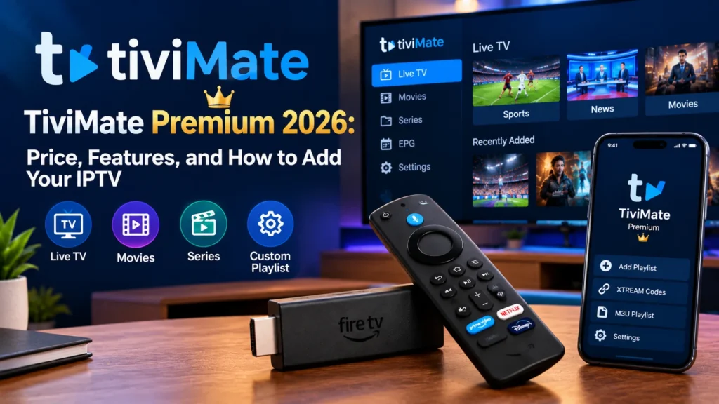 TiviMate Premium 2026 on a TV with a Fire TV Stick and remote, showing Live TV, Movies, Series and custom playlist features